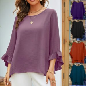 Womens Solid-color Loose-fitting Round-neck Top With Ruffled Sleeves