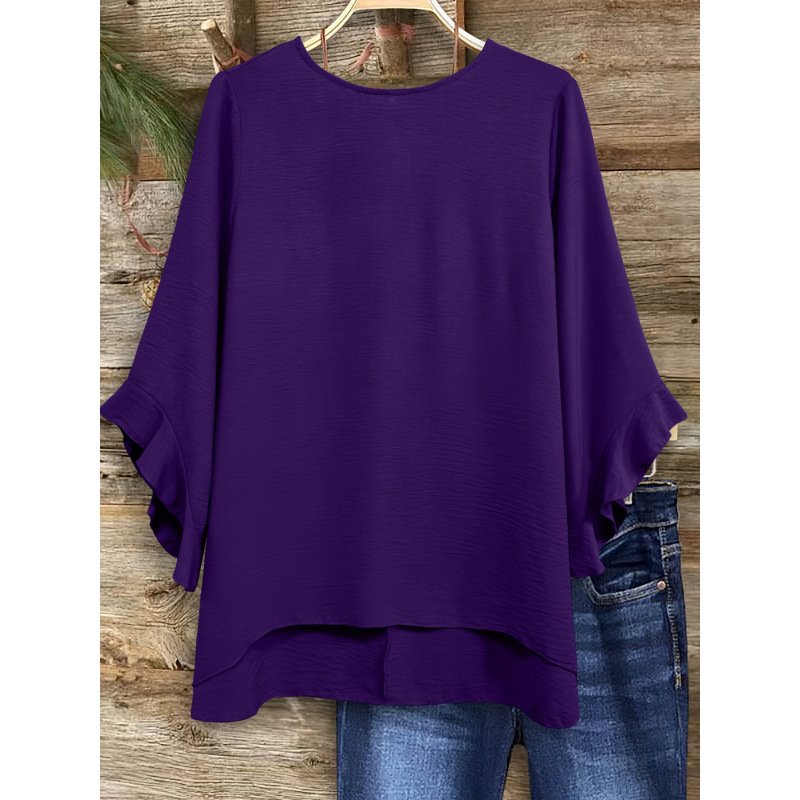 Womens Solid-color Loose-fitting Round-neck Top With Ruffled Sleeves - Image 10