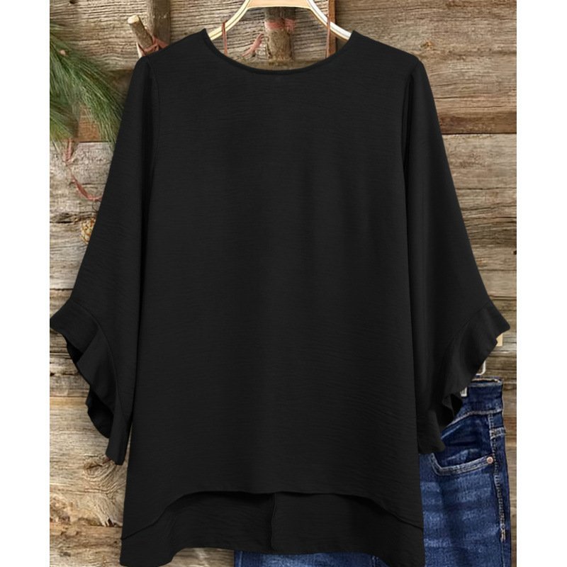 Womens Solid-color Loose-fitting Round-neck Top With Ruffled Sleeves - Image 8
