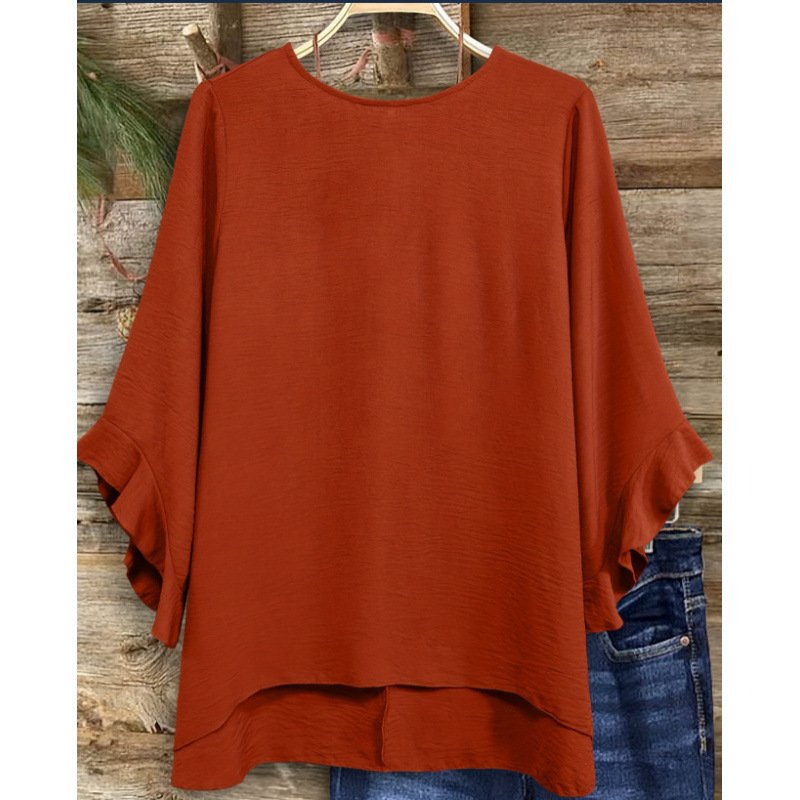 Womens Solid-color Loose-fitting Round-neck Top With Ruffled Sleeves - Image 7