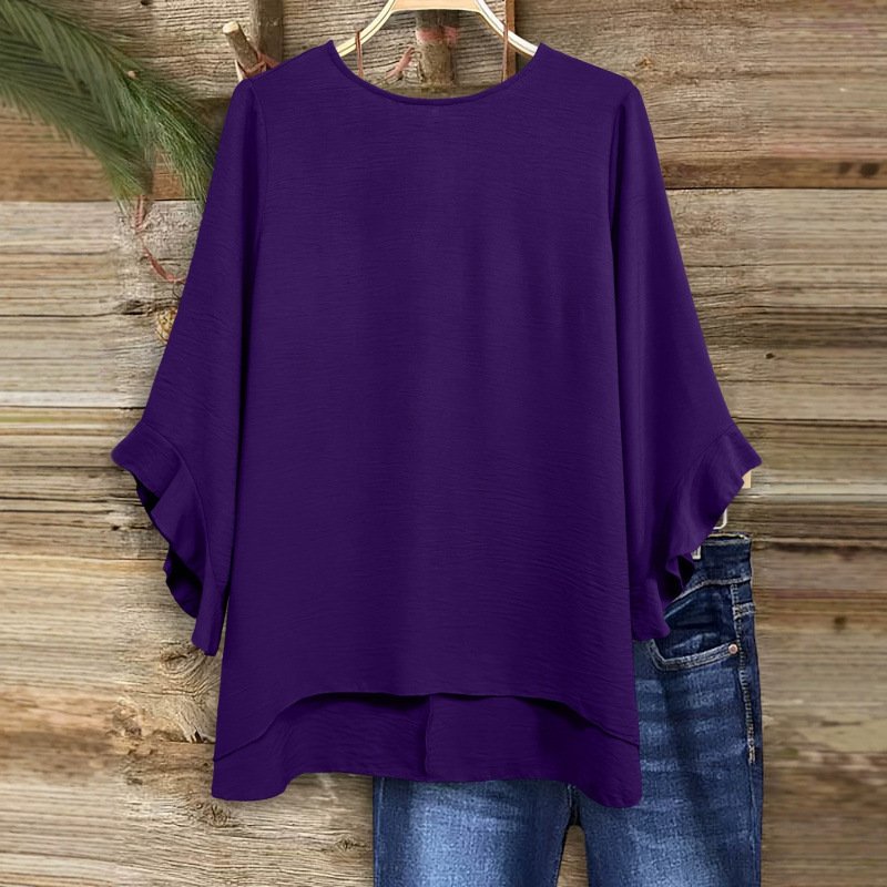 Womens Solid-color Loose-fitting Round-neck Top With Ruffled Sleeves - Image 6