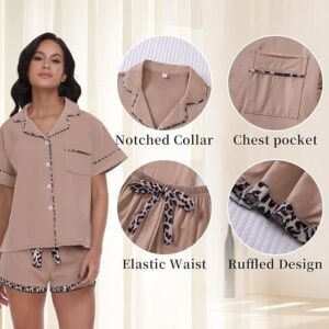 RONGTAI Summer Pajamas For Women Set Short Sleeve Button Down Leopard Pjs Lounge Sets Soft Sleepwear