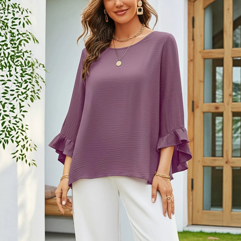 Womens Solid-color Loose-fitting Round-neck Top With Ruffled Sleeves - Image 3