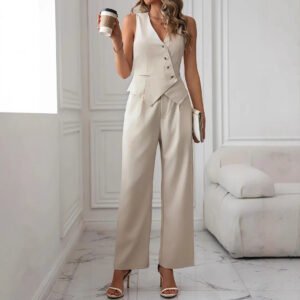 Women’s Vest Suit Fashion V-neck Tank Tops And Straight Pants Casual Two Piece Outfit For Daily Wear