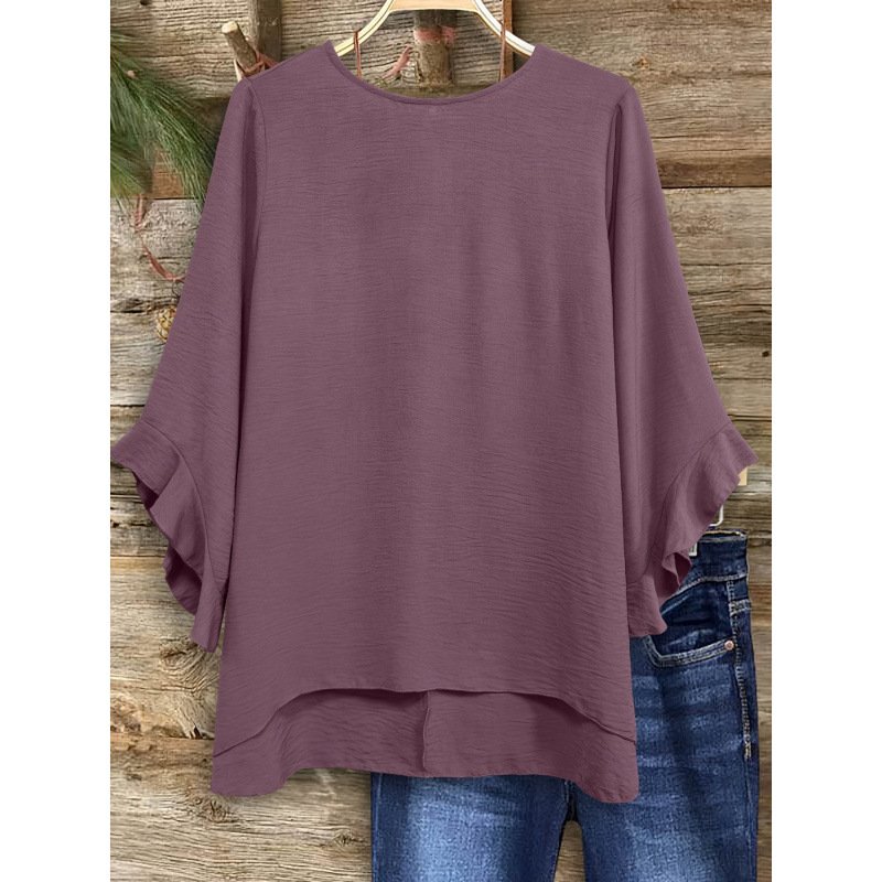 Womens Solid-color Loose-fitting Round-neck Top With Ruffled Sleeves - Image 2