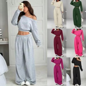 Casual 2-piece Set One-shoulder Long-sleeved Sweatshirt Women’s Suit Autumn New Fashion Elastic Waist Tie Loose Sports Trousers
