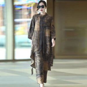 Retro Asymmetrical Top And Wide-leg Pants Two-piece Set