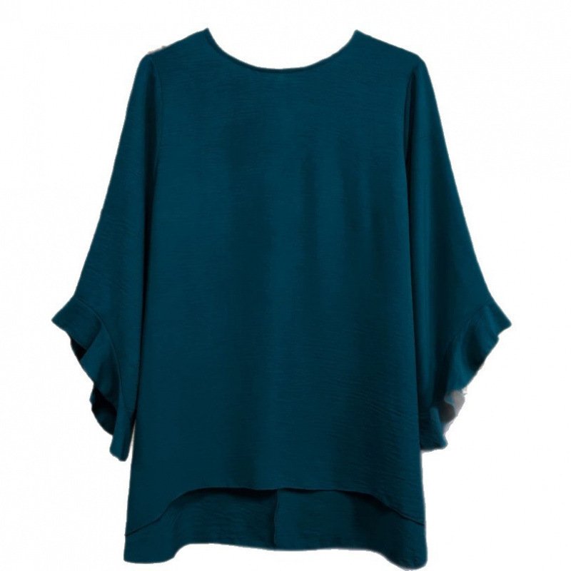Womens Solid-color Loose-fitting Round-neck Top With Ruffled Sleeves - Image 5