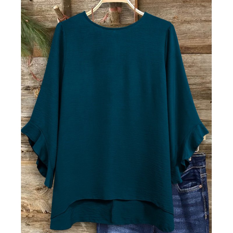 Womens Solid-color Loose-fitting Round-neck Top With Ruffled Sleeves - Image 9
