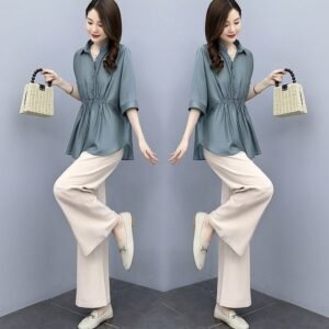 Casual Chic Plus-size Wide-leg Pants Linen Two-piece Set With A Flowing Drape