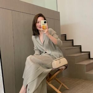 Women Pleated Cardigan Set Minimalist Casual Two Piece Outfit Long Sleeve Jacket And Pants Suit