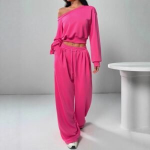 Casual 2-piece Set One-shoulder Long-sleeved Sweatshirt Women’s Suit Autumn New Fashion Elastic Waist Tie Loose Sports Trousers