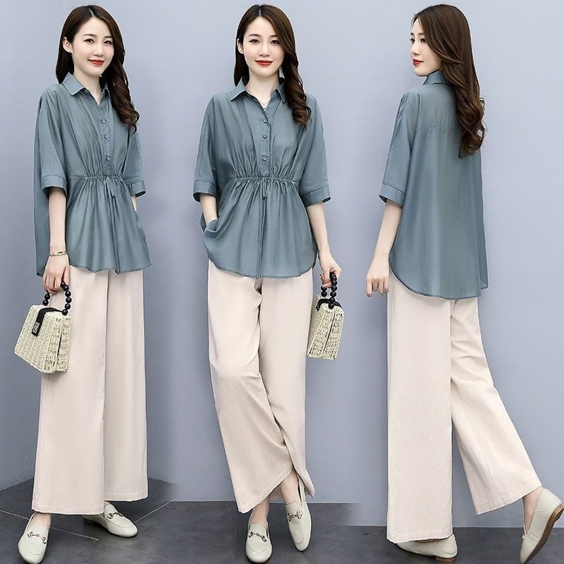 Casual Chic Plus-size Wide-leg Pants Linen Two-piece Set With A Flowing Drape - Image 10