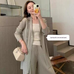 Women Pleated Cardigan Set Minimalist Casual Two Piece Outfit Long Sleeve Jacket And Pants Suit