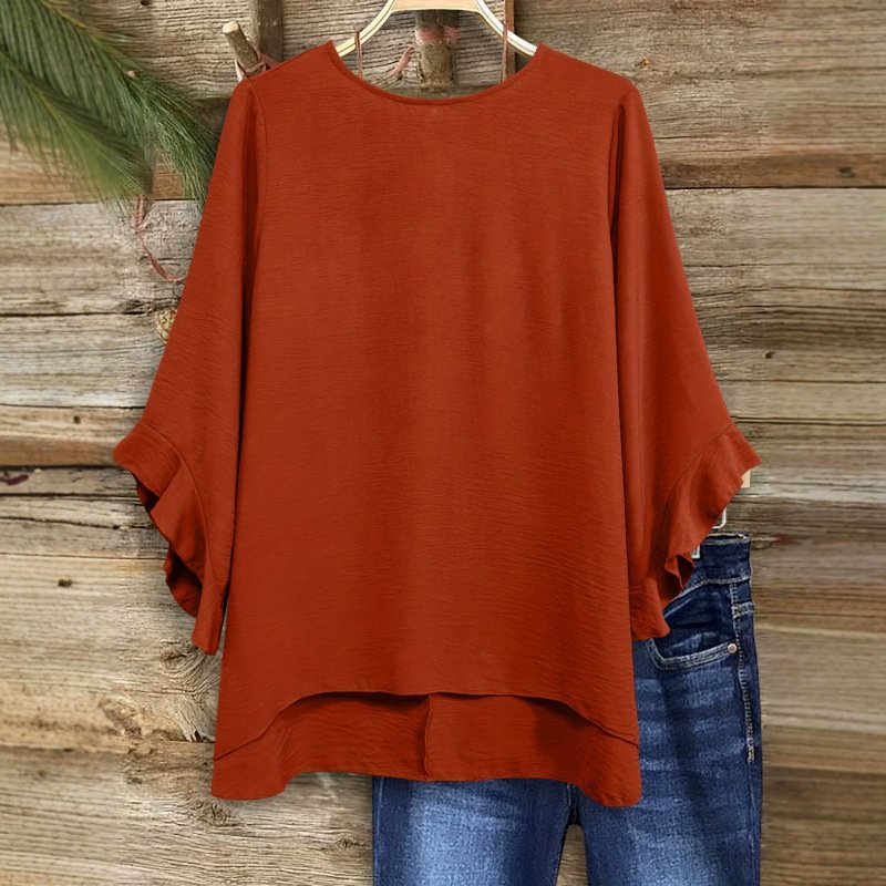 Womens Solid-color Loose-fitting Round-neck Top With Ruffled Sleeves - Image 4